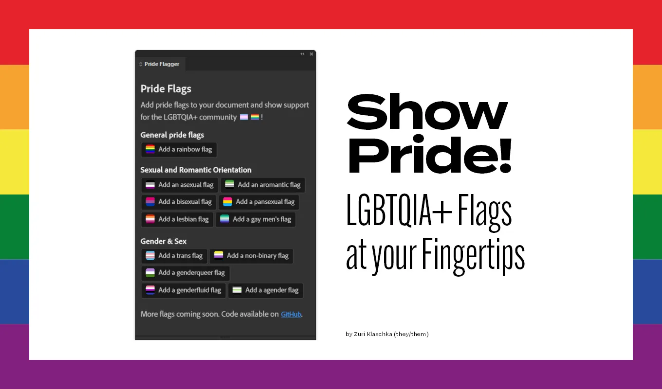 The Pride Flagger panel in Adobe InDesign, with buttons for pride flags grouped by general pride, sexual and romantic orientation, and gender.